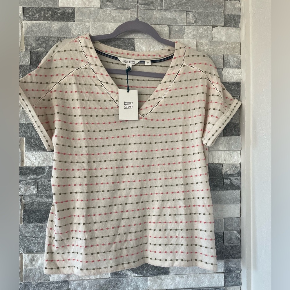 Women WHITE STUFF NWT Embroidered Stripe Short Sleeve Cotton TShirt Ivory-US 6/S